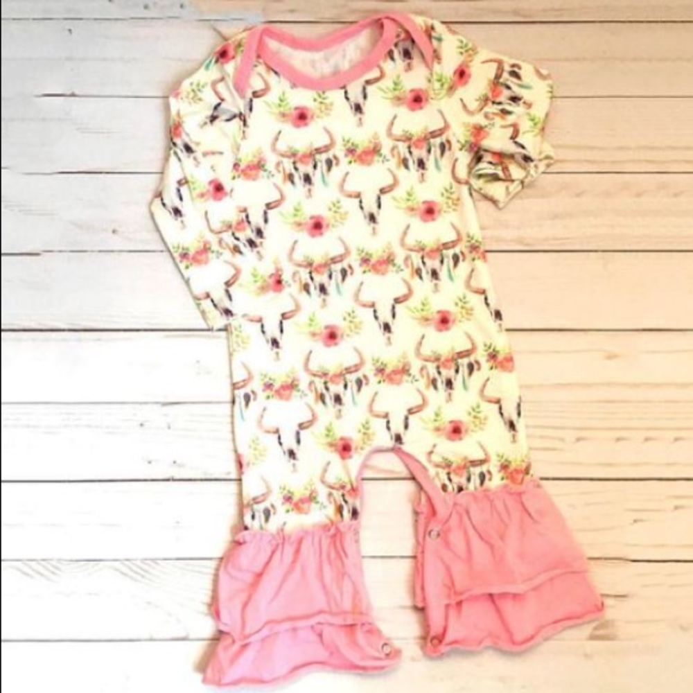 Cow Skull Print Pink Ruffle Jumpsuit Baby - Picture 1 of 2